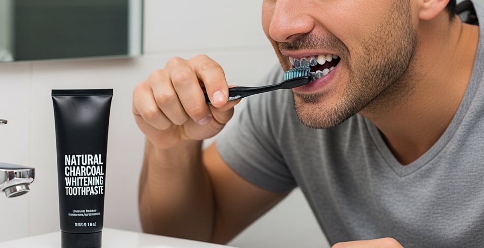 Un hombre se cepilla los dientes en el baño usando pasta dental blanqueadora con carbón natural, mostrando el producto sobre el lavabo. (Imagen Ilustrativa Infobae)