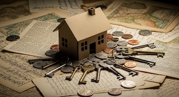 Una casa de cartón en miniatura sobre papeles antiguos y mapas, rodeada de varias llaves y monedas estadounidenses de diferentes denominaciones.