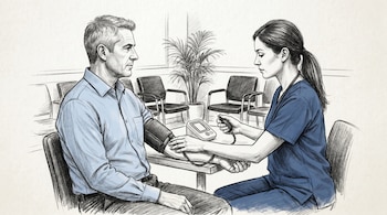 Ilustración de un hombre sentado con camisa celeste y cabello canoso, mientras una profesional de la salud de uniforme azul le mide la presión arterial con un dispositivo digital.