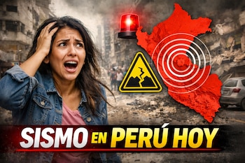 Mujer asustada con la mano en la cabeza, mapa de Perú con ondas sísmicas y alerta, luz roja de emergencia, y texto "Sismo en Perú hoy" sobre fondo de ciudad dañada.