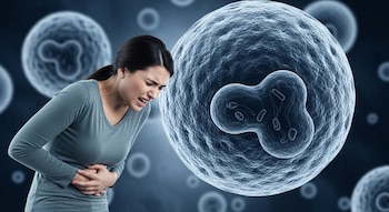 Una mujer con dolor abdominal se sujeta el vientre, mientras un parásito Cyclospora cayetanensis de gran tamaño aparece junto a ella con otros microorganismos difuminados.