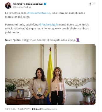 La senadora puso bajo la lupa la designación de Julia Cristina Daza Noguera y aseguró que existen dudas sobre la experiencia profesional relacionada que fue acreditada para el cargo - crédito @JenniferPedraz/X