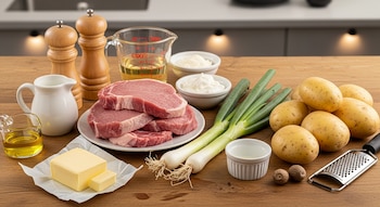 Vista frontal de una mesada de madera clara con ingredientes de cocina: bifes de bondiola, papas, cebollas de verdeo, manteca, crema, aceite, leche, saleros y nuez moscada.