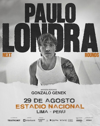 Póster de concierto de Paulo Londra con su foto en blanco y negro, nombres de Gonzalo Genek, fecha, lugar y logos de patrocinadores