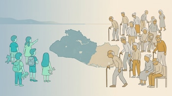 Ilustración de un mapa de El Salvador; a la izquierda, niños y adolescentes con mochilas y juguetes; a la derecha, adultos mayores con bastones, algunos sentados.