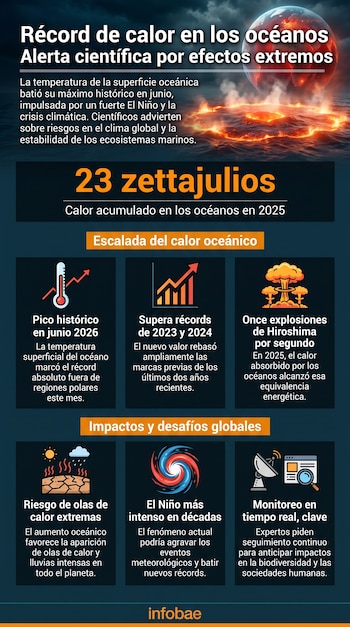 La Tierra roja sobre un mar en llamas. Infografía con termómetro, gráfico de barras, explosiones, suelo agrietado, torbellino, antena parabólica y texto.