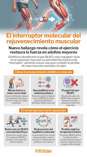 Infografía sobre el rejuvenecimiento muscular. Muestra piernas y brazos musculares, un interruptor, moléculas y seis paneles explicativos con texto e iconos.