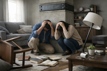 Dos personas se agachan junto a un pilar de hormigón en una sala de estar con una silla volcada, libros desparramados, una lámpara inclinada y una taza caída.