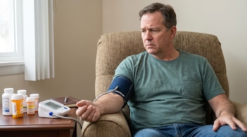 Hombre de mediana edad sentado en un sillón, con un manguito de monitor de presión arterial en el brazo izquierdo. Mira un monitor digital sobre una mesa junto a frascos de pastillas.
