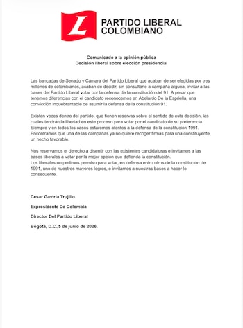 El Partido Liberal colombiano resolvió pedirle a su militancia que vote por el candidato presidencial Abelardo de la Espriella en la segunda vuelta del 21 de junio - crédito Partido Liberal