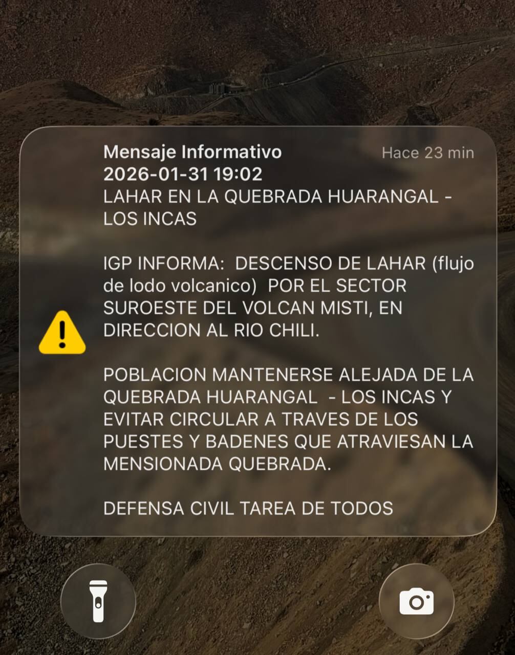 El IGP detectó el flujo de lodo volcánico en la quebrada Huarangal, al suroeste del volcán Misti
