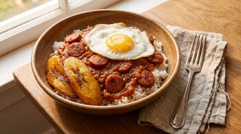 Cuenco de cerámica con arroz blanco, guiso de tomate, rodajas de salchicha, dos tajadas de plátano frito, un huevo frito y un tenedor.