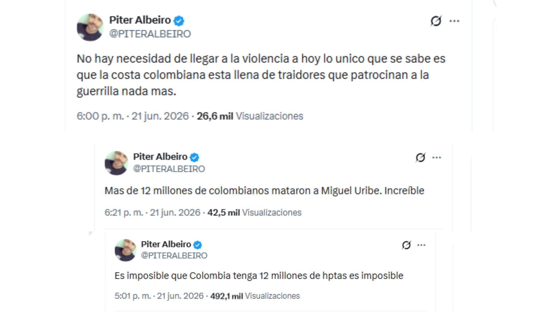 El humorista Piter Albeiro escribió mensajes violentos en X ante resultados electorales - crédito @PITERALBEIRO/X