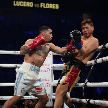 Dos boxeadores en un ring: uno con guantes rojos y shorts blancos golpea a otro con guantes negros y shorts oscuros, junto a las cuerdas