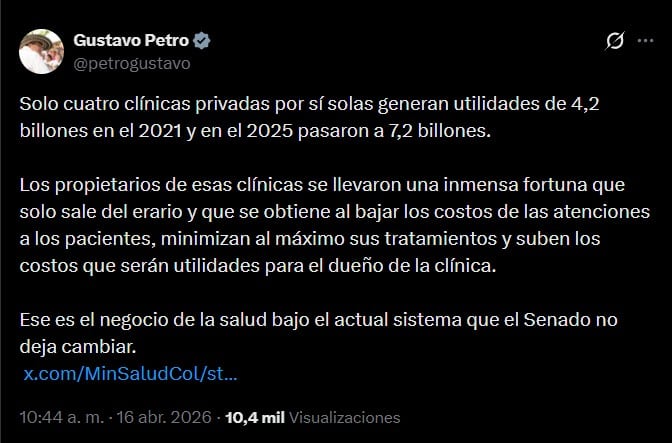 Las clínicas privadas en Colombia proyectan utilidades por 7,2 billones de pesos en 2025, según las previsiones de Petro, frente a los 4,2 billones obtenidos en 2021, según indicó el presidente Gustavo Petro - crédito @petrogustavo/X