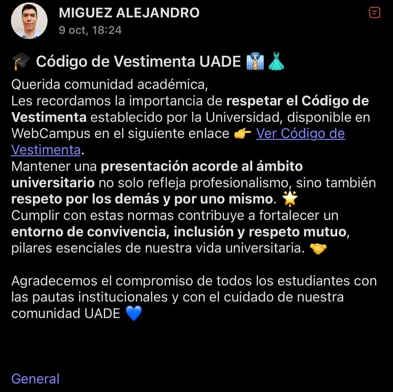 Los directores de cada carrera de la UADE les enviaron a sus alumnos un recordatorio sobre el Código de Vestimenta