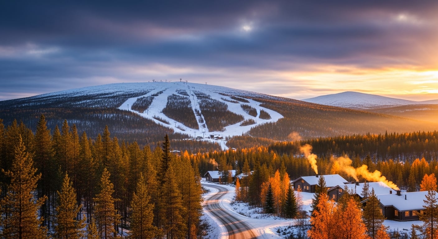 El sol naciente ilumina las pistas de esquí de Levi, Finlandia, y el vibrante follaje otoñal junto a las acogedoras cabañas, creando un contraste invernal único. (Imagen Ilustrativa Infobae)
