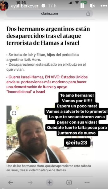 Eyal Berkover pide ayuda para su amigo desaparecido tras ataque de Hamas. Instagram/@eyal_berkover_