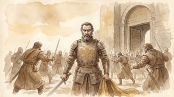 Acuarela de Constantino XI Paleólogo con armadura y espada, frente a la Puerta de San Romano, rodeado de soldados difusos, bajo un cielo de amanecer. El manto imperial yace a sus pies.
