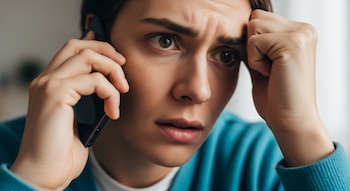 Primer plano de una mujer joven con expresión preocupada, sosteniendo un teléfono negro en su oído izquierdo y su puño derecho apoyado en la frente.