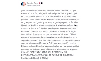 El presidente de Estados Unidos, Donald Trump, aseguró que el candidato presidencial colombiano Abelardo de la Espriella tendría éxito como mandatario de Colombia - crédito Donald Trump/Truth Social