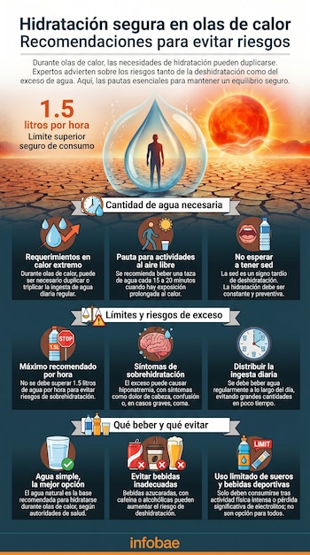 Infografía sobre hidratación segura en olas de calor, con un paisaje agrietado, un sol intenso y un hombre dentro de una gota de agua, mostrando pautas y límites.