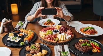 Una mujer sostiene un smartphone negro para fotografiar una mesa de madera con platos de sushi, pasta, bistec con verduras y una tabla de quesos, embutidos y frutas.