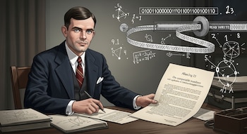 Retrato artístico de Alan Turing de 23 años, sentado en un escritorio, escribiendo y sosteniendo un manuscrito. Al fondo, una máquina de Turing conceptual y ecuaciones.