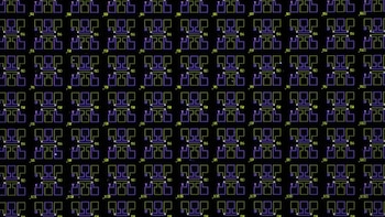 Una matriz de componentes en miniatura con patrones geométricos de color morado y amarillo sobre un fondo oscuro