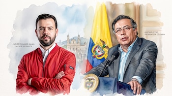 Ilustración en estilo acuarela de Carlos Fernando Galán con chaqueta roja y Gustavo Petro junto a la bandera de Colombia.