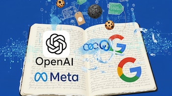 Imagen de un libro abierto con los logos de OpenAI, Meta y Google. Flotan galletas, etiquetas de precio y elementos digitales sobre un fondo azul con circuitos.