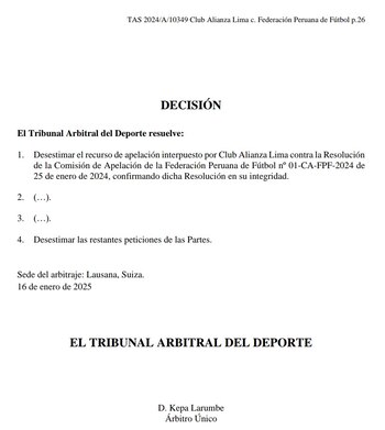 TAS rechazó apelación de Alianza