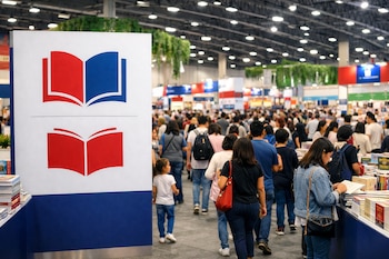 Cartel blanco con dos logos de libros abiertos: uno rojo y azul, el otro rojo. Muchas personas transitan por un salón ferial con estantes de libros.