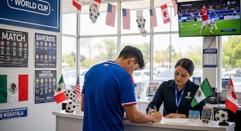 Un hombre vestido con camiseta de fútbol firma documentos en un mostrador atendido por una mujer. Hay banderas de México, EE. UU. y Canadá, y un partido en TV.