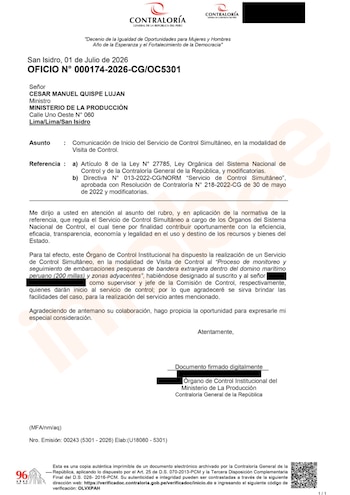 La Contraloría General inició una visita de control al Ministerio de la Producción para supervisar el monitoreo de embarcaciones pesqueras extranjeras. Contraloría / Infobae