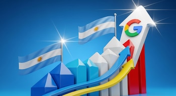 Gráfico de picos digitales con barras azules y blancas, flechas de colores, el logo de Google y dos banderas de Argentina sobre un fondo azul brillante.
