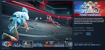 Jugadores de un videojuego futurista en una cancha. Un atleta de azul claro en primer plano, otros dos jugadores y una pelota en el medio. Tribunas con público al fondo