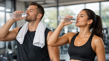Un hombre y una mujer, visiblemente sudorosos, beben agua de botellas de plástico en un gimnasio. El hombre lleva una toalla blanca al cuello.