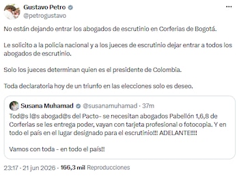 Presidente Petro advirtió que solo los jueces pueden definir la presidencia y rechazó proclamaciones anticipadas - crédito @petrogustavo/X