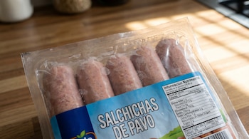 Primer plano de un paquete sellado de salchichas de pavo. La etiqueta muestra 'Salchichas de Pavo' y datos nutricionales. Fondo de madera.