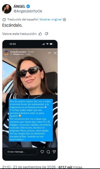 Una publicación en la red social X difunde una captura de una historia de Instagram en la que una mujer anuncia su participación en un torneo panamericano. (Angel de Brito)