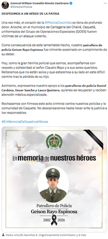 General William Oswaldo Rincón Zambrano lamentó asesinato de patrullero en Caquetá - crédito @DirectorPolicia/X