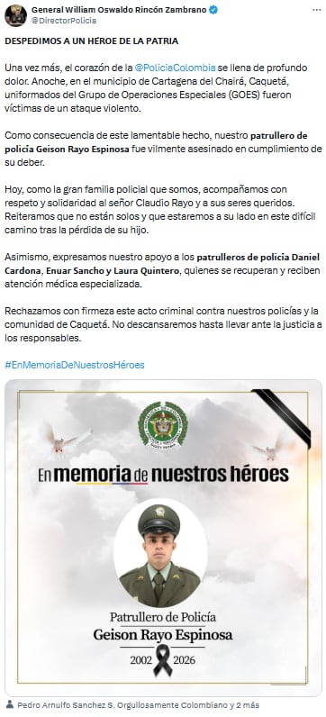 General William Oswaldo Rincón Zambrano lamentó asesinato de patrullero en Caquetá - crédito @DirectorPolicia/X