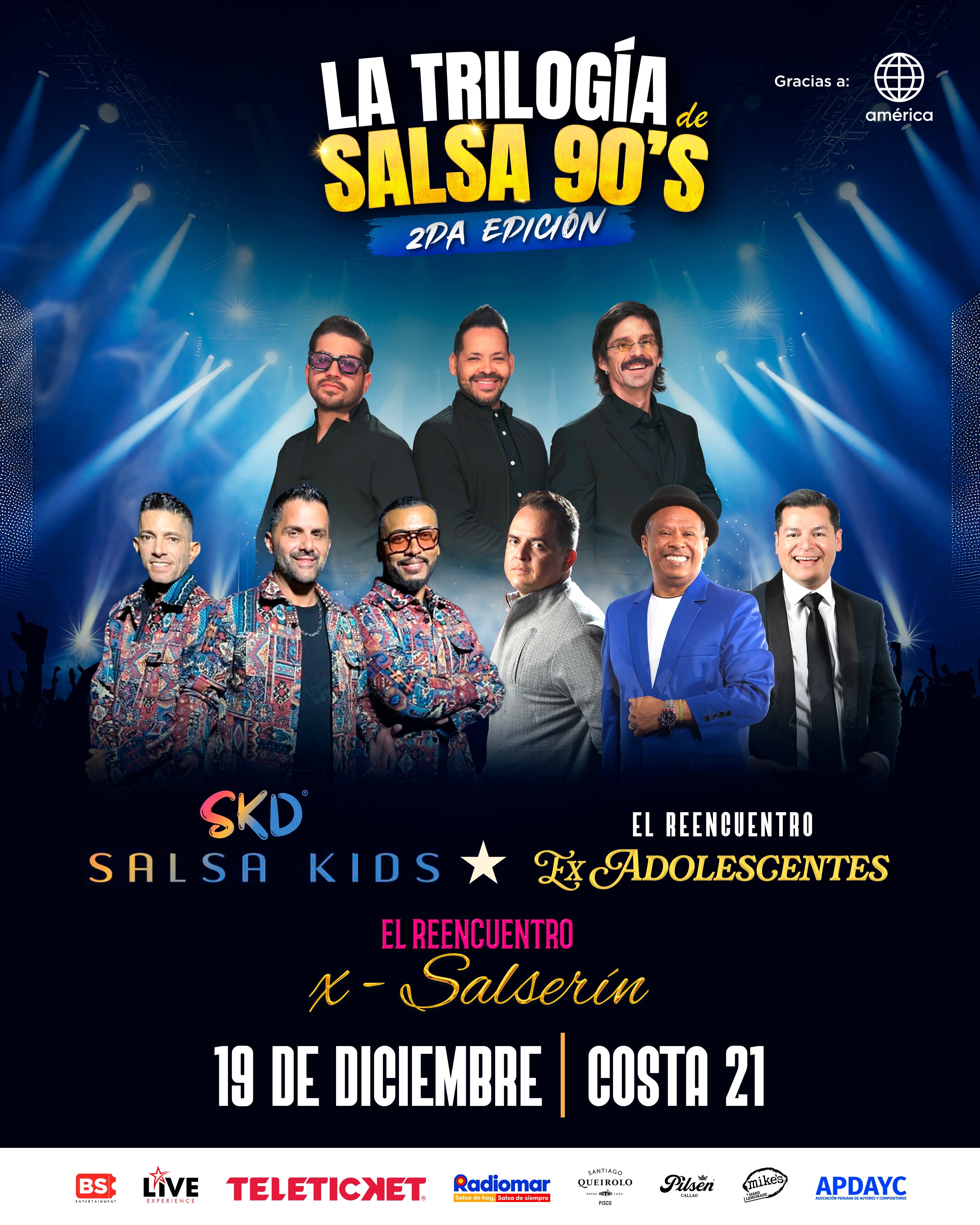 El afiche oficial del concierto La Trilogía de Salsa 90s anuncia su segunda edición el 19 de diciembre en el escenario Costa 21 de Lima.