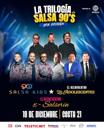 Afiche publicitario con nueve cantantes masculinos, los nombres Salsa Kids, Ex Adolescentes y X-Salserín, y la fecha 19 de diciembre