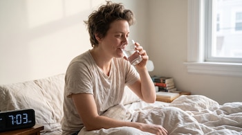 Mujer con cabello corto bebe agua de un vaso de cristal en la cama. Hay un despertador digital que marca las 7:03 AM y una ventana al fondo.