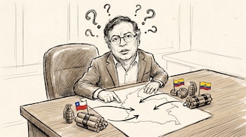 Ilustración de Gustavo Petro en un escritorio de madera, señalando un mapa de Colombia. Hay granadas y dinamita con banderas de Chile y Ecuador, y flechas hacia el mapa. Signos de interrogación sobre su cabeza.