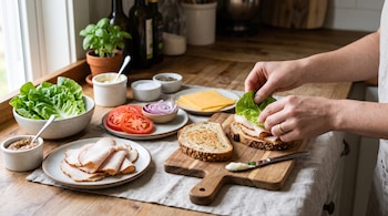 Dos manos colocan lechuga sobre pan en una tabla de madera junto a platos con jamón, queso, tomate, cebolla y aderezos.