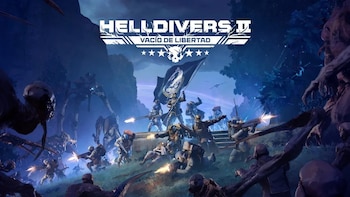 Escena de videojuego con soldados armados combatiendo contra múltiples criaturas alienígenas y robots grandes en un paisaje oscuro. Un soldado sostiene una bandera. Aviones en el cielo. Texto Helldivers II