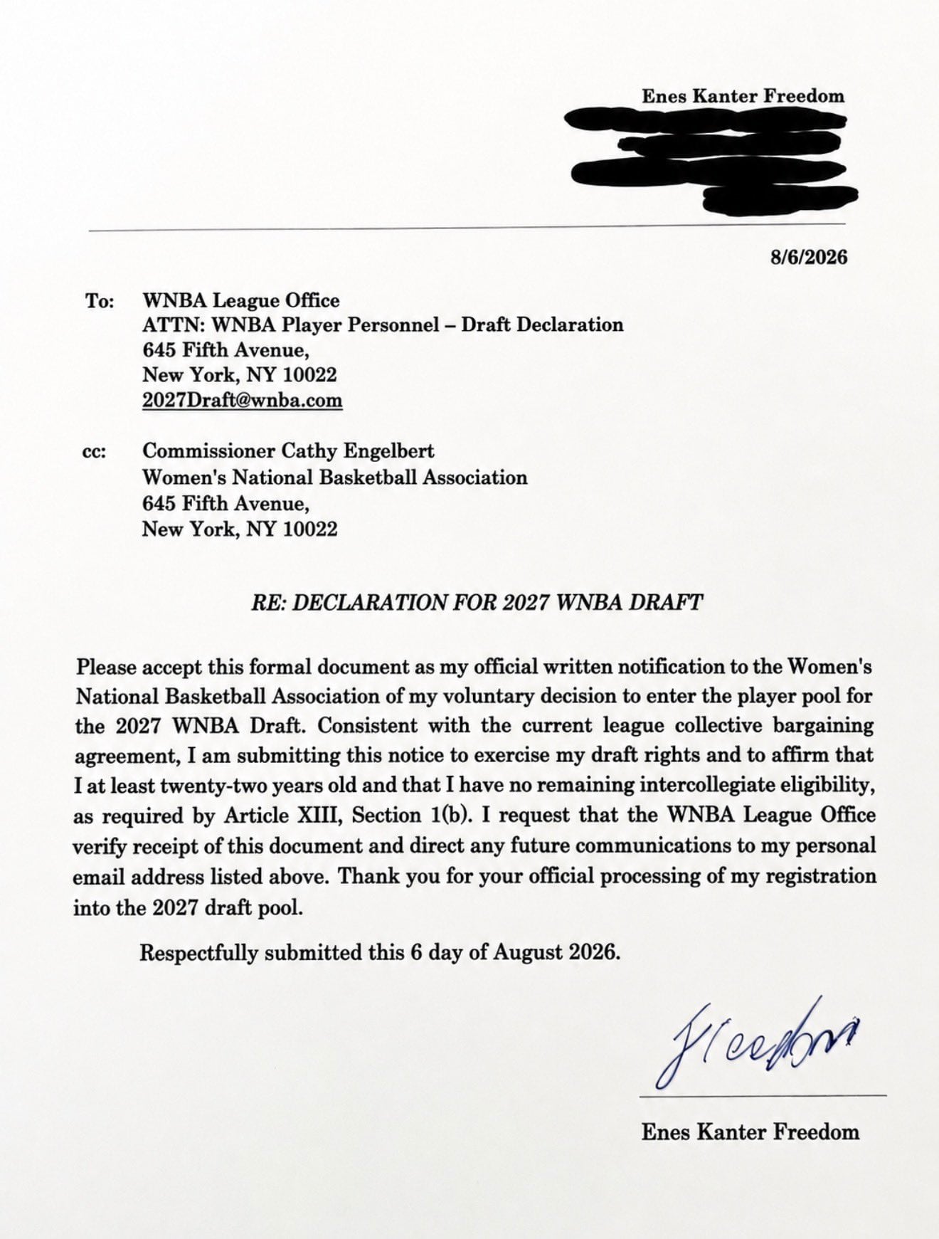 El pívot turco presentó un documento en el que pidió confirmación formal de su inscripción a la NWBA (@EnesFreedom)